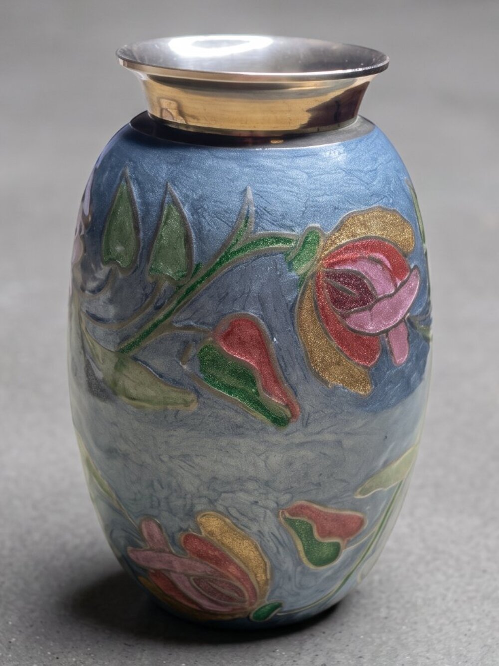 Blue Floral Rose Vase Silver Tone Rim Pink Green Botanical Decorative Decor 5.5”